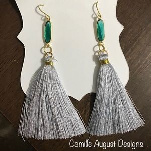 Gray Tassel earrings with emerald green stones